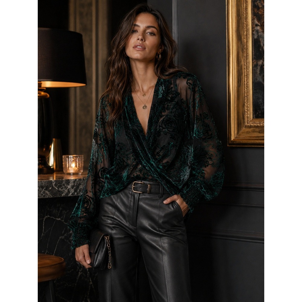 Caroline Constas Velvet Burnout Floral Blouse Green Black Whimsigoth Wrap Top M